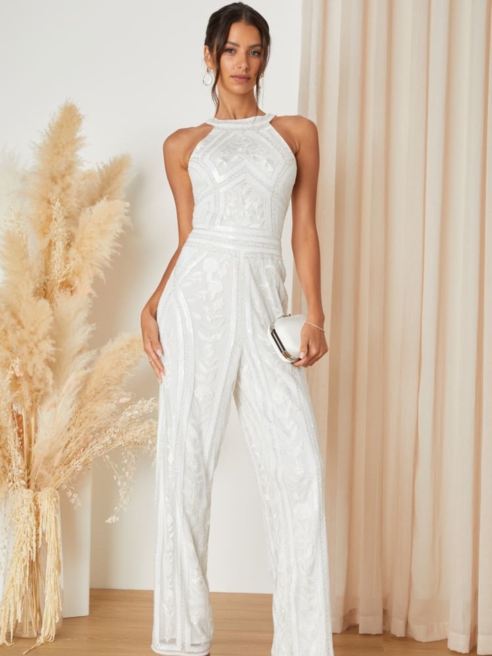 Lulus Tell Me Everything White Beaded Sequin Wide-Leg Jumpsuit